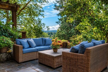 8-piece outdoor wicker sofa set with blue cushions and coffee table on patio with beautiful garden view