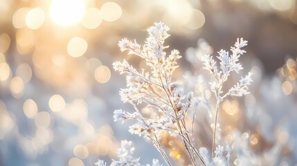 Winter Frost Sunlit Plants in a Snowy Landscape 