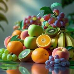 Fresh assortment of ripe fruits and berries on a white plate