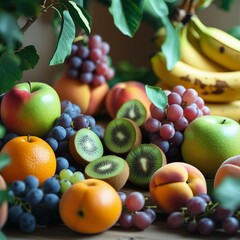 Fresh assortment of ripe fruits and berries on a white plate