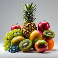 Fresh assortment of ripe fruits on black background and wooden table
