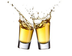 Splashing Tequila Shot in Motion – Dynamic Beverage Concept on White Background