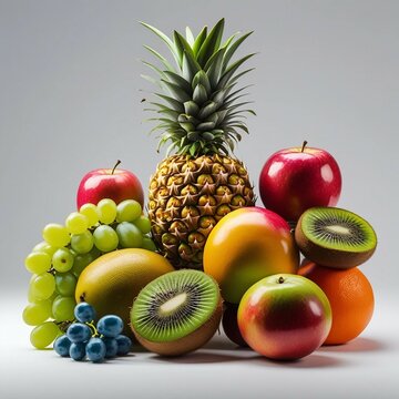 Fresh assortment of ripe fruits on black background and wooden table