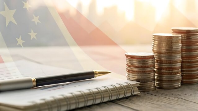 Financial growth and planning with stacks of coins and pen on notebook
