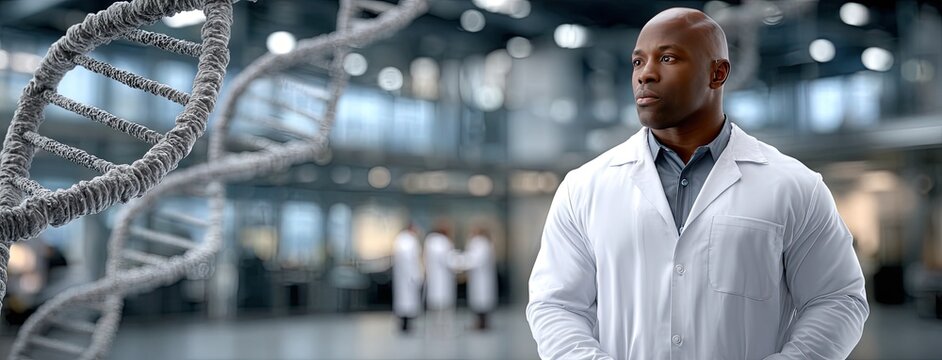 Young scientist in lab coat presents a hologram of DNA, showcasing dedication to research and science during Black History Month
