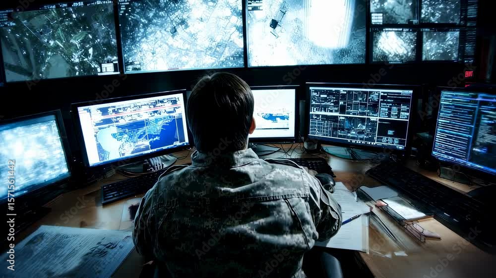 Poster wideangle perspective of a hightech military operation center where an army it expert examines live 