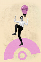 Sketch pop image sketch vertical collage of happy businessman businesswoman stand light bulb idea...
