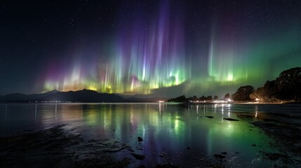 Aurora borealis displays a vibrant light show over a calm bay at night.