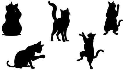 Stylish Silhouette Vector Set of Cats – Jumping, Sitting, Standing and Licking Poses