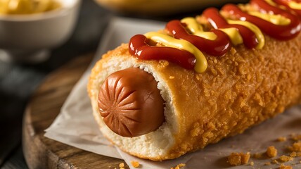 Golden corn dog with ketchup and mustard hot dog fried