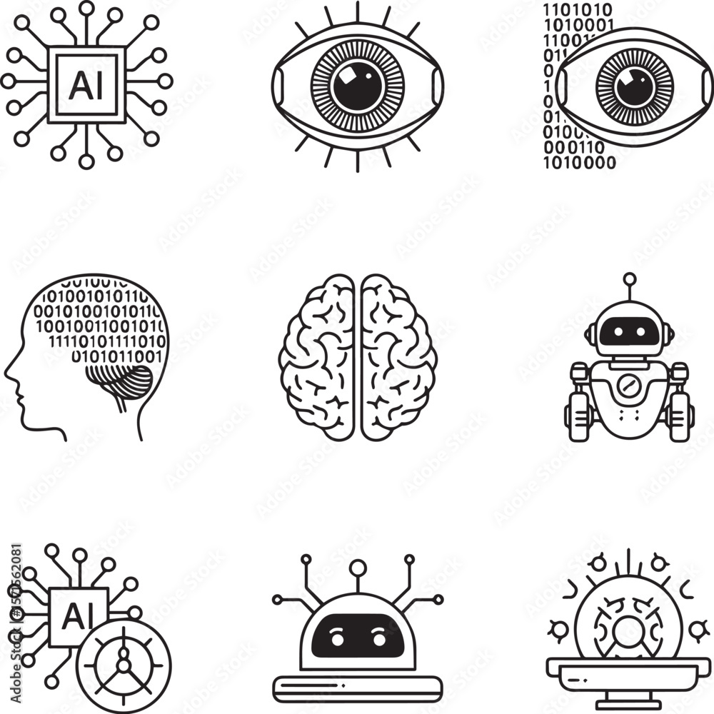 Poster artificial intelligence icons brain chip robot eye technology vector