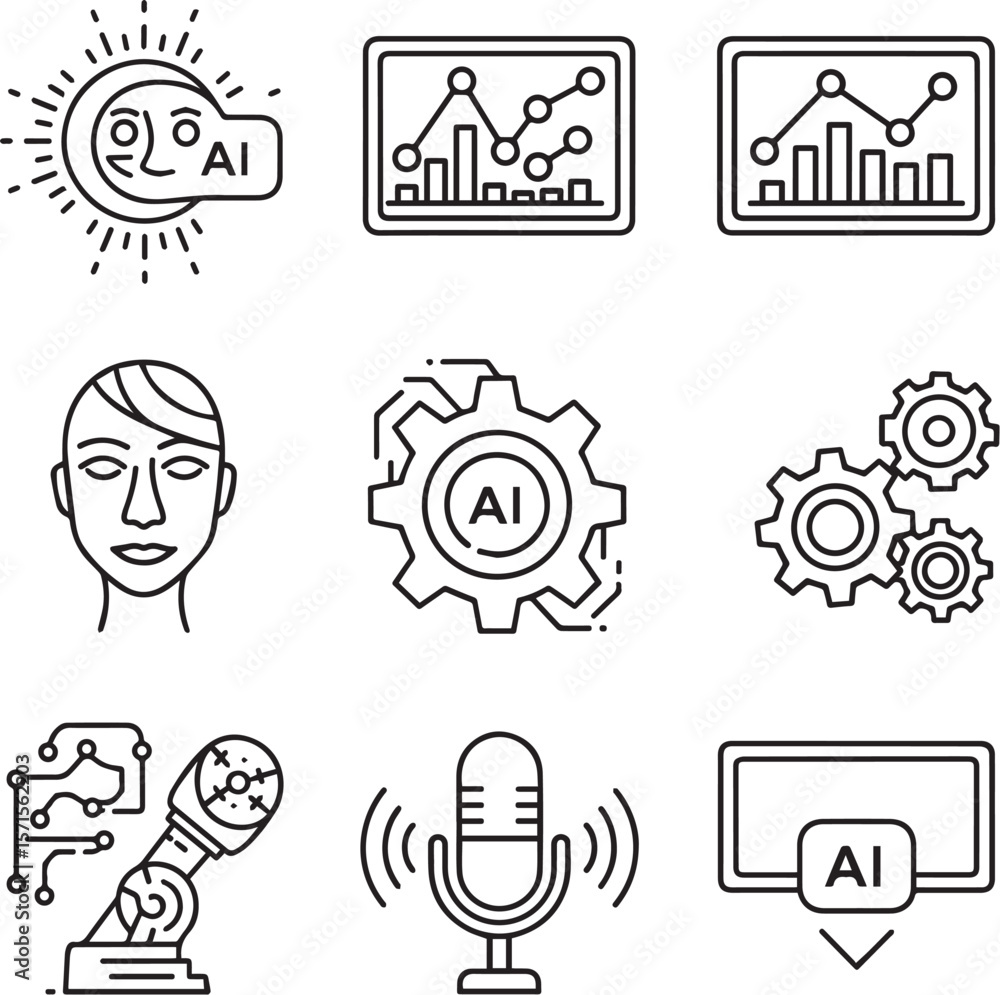 Poster artificial intelligence icons depicting data analysis human face gears robot arm microphone and scre