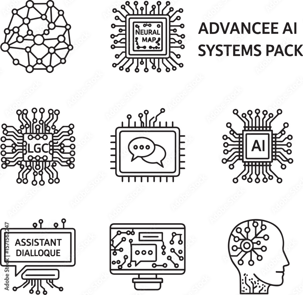 Poster artificial intelligence icons neural network processor computer head vector