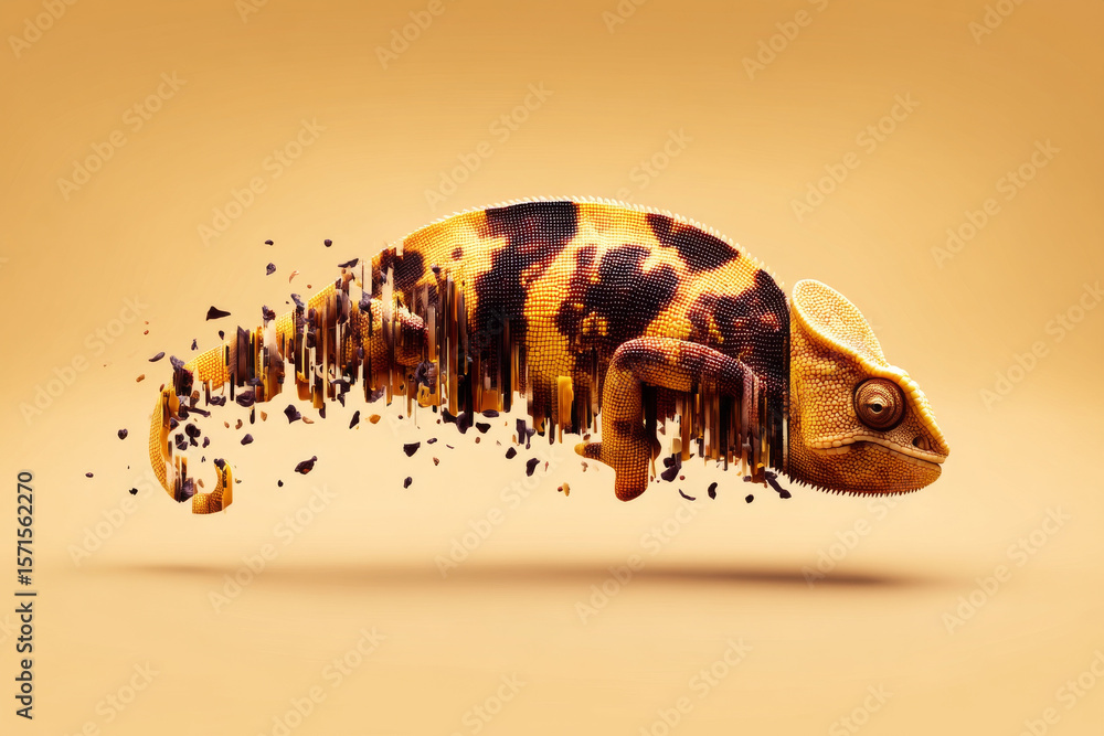Poster vibrant chameleon morphs into stunning visual display, showcasing intricate patterns and textures. d