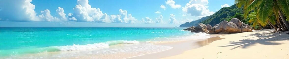 Idyllic Sun-Drenched Coastal Scene Turquoise Waters Gently Lap Sandy Shores, Perfect for Summer Vacation and Travel Advertising