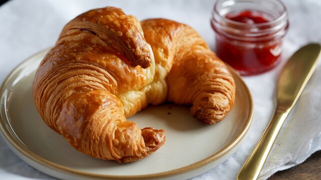 Golden flaky croissant with berry jam and gold knife
