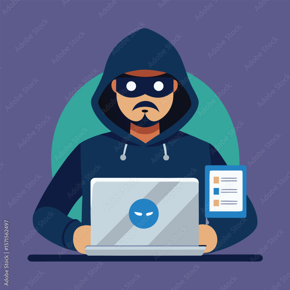 Poster vector illustration of a hacker in a hood using a laptop and tablet for cyber crime.