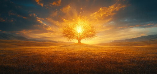 Fototapeta premium Majestic tree stands alone in vast golden field, illuminated by radiant sunset. sky is filled with dramatic clouds, casting warm light across landscape, creating serene and enchanting atmosphere