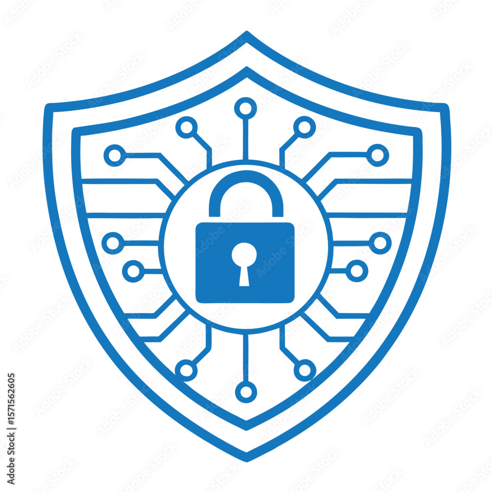 Poster blue shield with digital lock and circuit board pattern security technology
