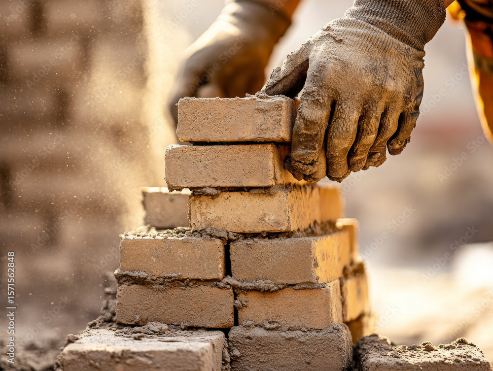 Poster detailed image of bricklayer at work, carefully stacking bricks with gloved hands. scene captures cr
