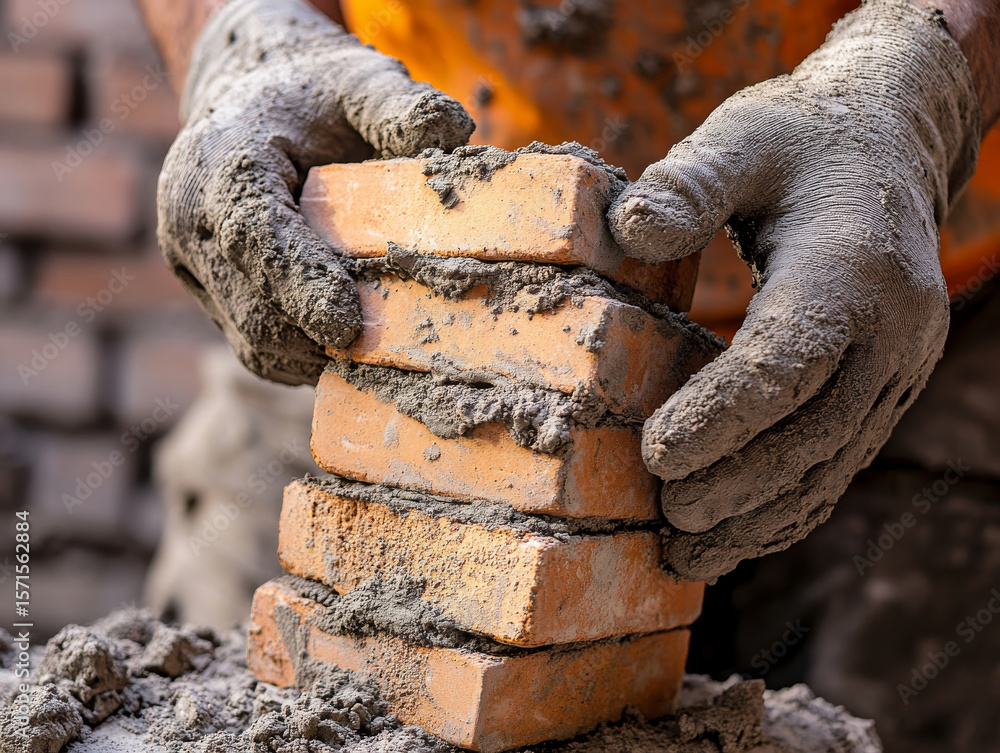 Poster skilled bricklayer carefully stacks bricks, applying mortar with precision to create sturdy structur