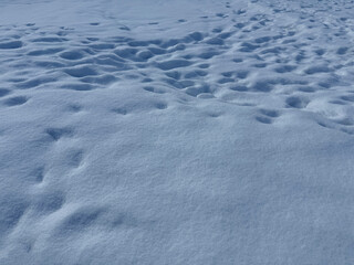 Snow white surface with footprints in winter. 