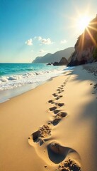 Serene Coastal Scene Tire Tracks Leading to Turquoise Ocean Waves on a Pristine Sandy Beach, Perfect for Summer Travel and Vacation Websites