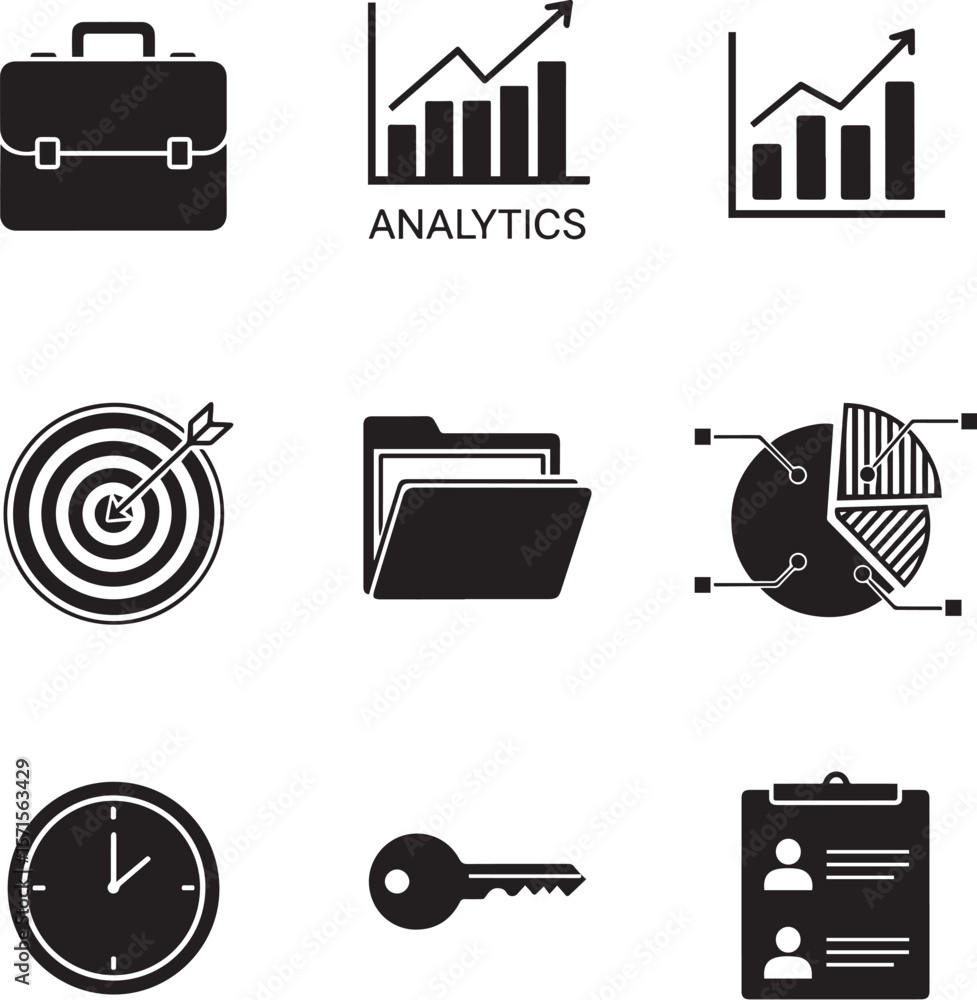 Poster business icons briefcase analytics target folder chart clock key clipboard vector