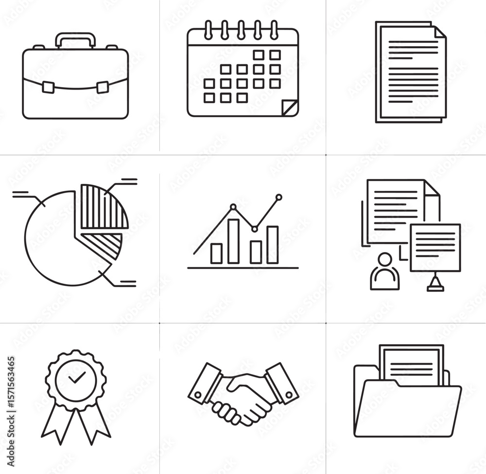 Poster business icons briefcase calendar document pie chart graph handshake folder vector