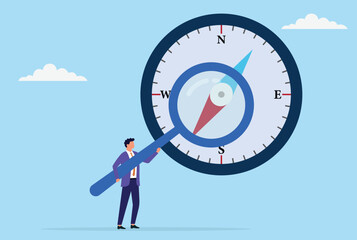 Vector illustration of a businessman observing a compass through a giant magnifying glass, symbolizing focused analysis, strategic direction, and careful navigation in business
