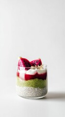 photo of chia seed pudding in glass with matcha, red fruit layer and dragon fruit pieces on top, white background with copy space

chia, pudding, dragonfruit, vegan, fruit, matcha, fresh, colorful, la