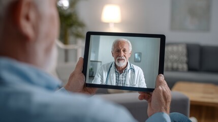 Horizontal photo of senior man having video call with male doctor on tablet, telemedicine concept, cozy home setting with soft lighting, copy space

telemedicine, senior, doctor, video, health, tablet