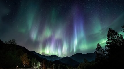 Naklejka premium Majestic aurora borealis lights up a night sky over a mountain range.