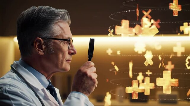 Professional businessman analyzing mathematical formulas and healthcare symbols through magnifying glass. Executive examining data with cross and plus signs in modern office environment. Business - Powered by Adobe