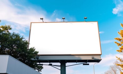 In the heart of spring a blank billboard a vibrant canvas of possibilities stood tall against a sky of cerulean blue inviting advertisers to craft their message and transform this urban oasis into a p