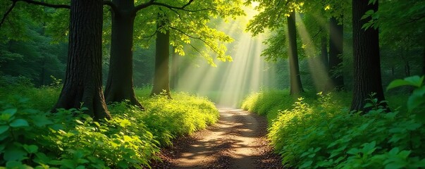 Enchanting Sun-Dappled Forest Path A Winding Journey Through Lush Green Foliage, Bathed in Magical Sunlight