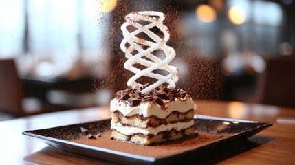Dramatic sugar lattice structure spiral decoration crowning layered tiramisu dessert with chocolate shavings and cream in premium restaurant setting