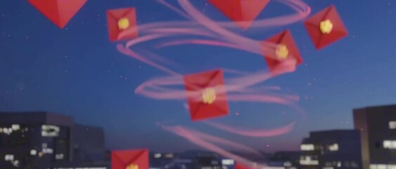 2:35:1 Traditional red envelopes floating down gently from the sky, each marked with golden $ signs, soft breeze animation, culturally rich wealth loop, elegant NFT animation
