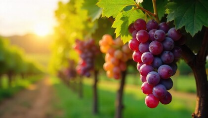 Sun-Drenched Grapes Ready for Harvest A Picturesque Scene of Rural Winemaking, showcasing ripe, heavy bunches hanging on the vine, promising delicious homemade wine.