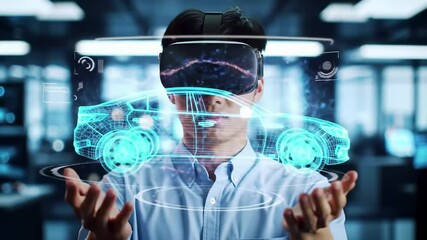 Virtual reality headset with holographic car projection. Digital technology interface and immersive experience concept. Futuristic vr innovation with cyan hologram visualization effects. - Powered by Adobe