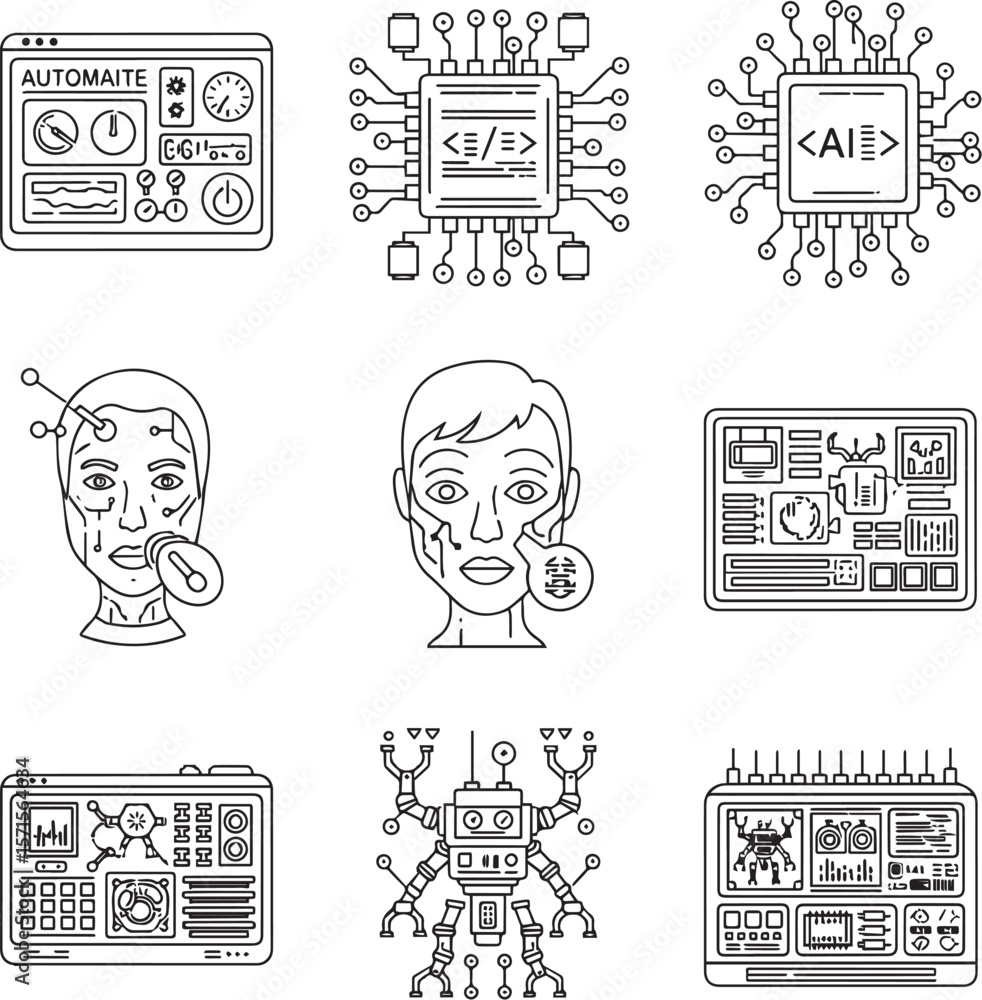 Poster futuristic technology icons depicting artificial intelligence and robotics vector