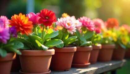 Vibrant Blooms in Terracotta Pots A Sunlit Close-Up of Freshly Planted Flowers Thriving in Warm Sunlight, Ready to Brighten Any Space