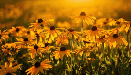 Golden hour illuminates field of blooming black eyed susan flowers, creating warm, serene