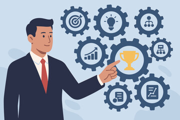 Business mechanism concept. Businessman pointing at trophy for success and achievement. Process automation, workflow management, and strategy icons inside gears. Vector cartoon.