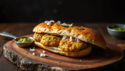 Delicious bun filled with spicy potato patties, garnished with onions