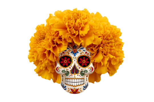 Sugar skull decorated with marigolds for Dia de Muertos