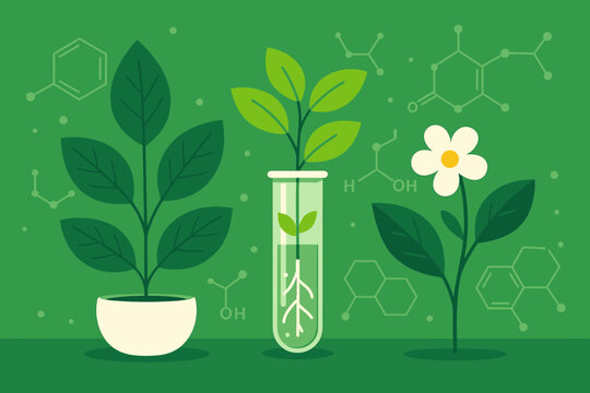 Biology laboratory concept. Plant science and biochemistry research with plants in pot and test tube. Biotechnology and genetics flat vector illustration with chemical formulas.