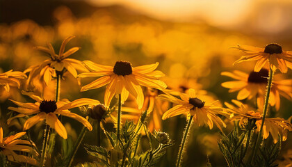 Blooming black eyed susan flowers in golden hour field create warm, inviting scene