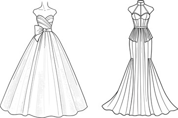 Elegant fashion illustration, couture evening gowns, formal wear sketches, bridal dress design, luxury style, glamorous outfits, artistic wedding attire, runway-inspired details