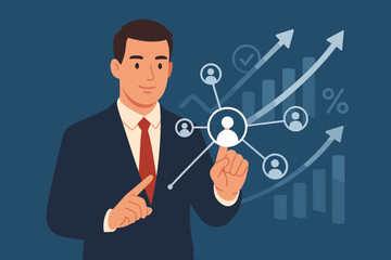 Businessman in suit analyzing customer network, touching digital interface with growth graph, financial data, positive indicators, investment progress, business strategy concept
